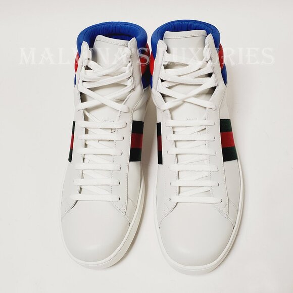 GUCCI SNEAKERS MENS ACE HIGH TOP WHITE LEATHER WEB STRIPE SHOES sz 10G 10.5 - Picture 9 of 12